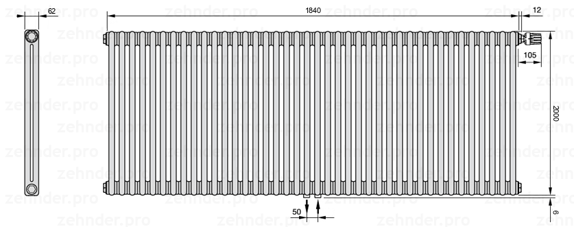 Схема (чертеж) Радиатор Zehnder Charleston 2200/40 №V008 Белый глянцевый RAL 9016